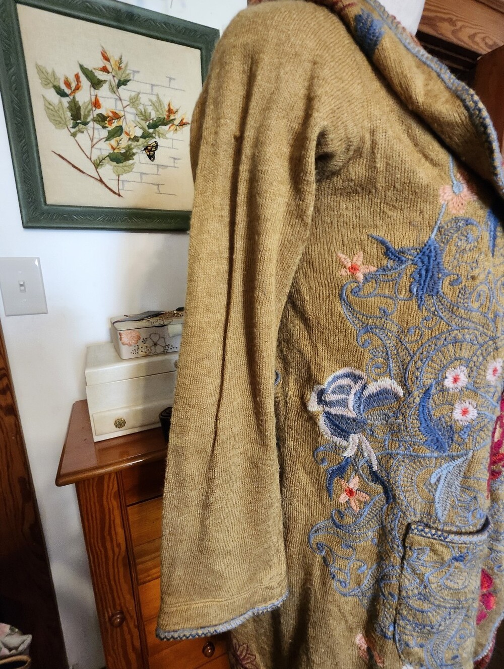 Johnny Was Embroidered Floral Beige Hooded Open Cardigan - Picture 5 of 9
